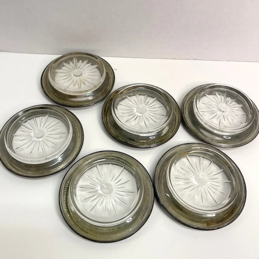 Vtg Sterling Silver Rim Glass Coasters Starburst Base Lot of 6 Frank M Whiting